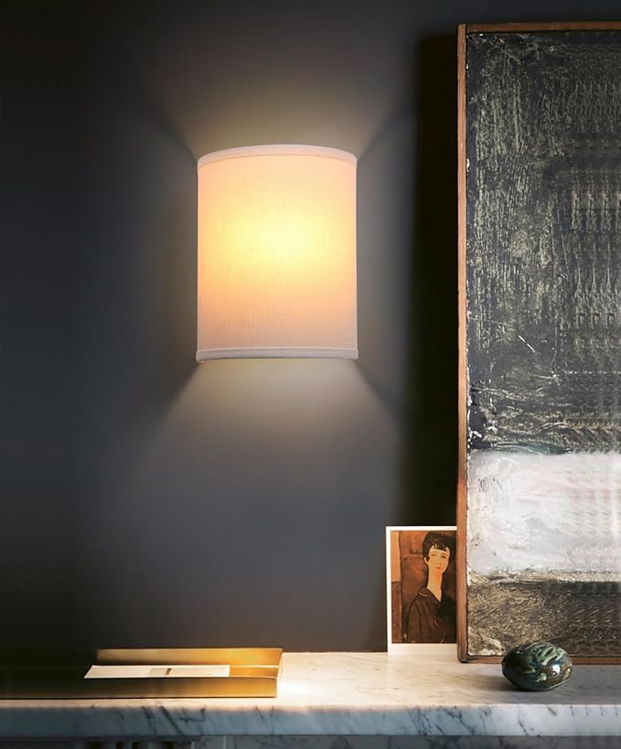 Yosoan White Fabric Cloth Boho Wall Sconce Hallway Fixture Light, 1-Light Vanity Indoor Hardwired Modern Wall Mount Retro Vintage Interior Sconce with Half Moon Shade Lamp for Stairwell Bedroom