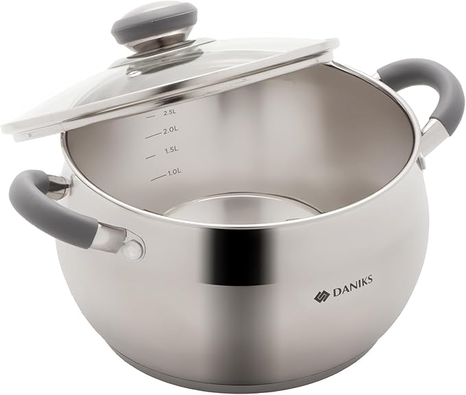 Daniks Modern Stainless Steel Stock Pot with Glass Lid – Induction 4 Quart, Dishwasher Safe, Heatproof Handles, For Soup, Pasta, Stew, Silver