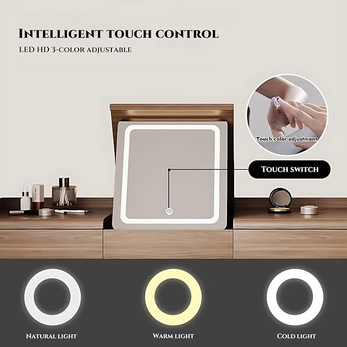 Mid Century Makeup Vanity - Solid Wood Vanity Set with Adjustable Makeup Stool and 5 Drawers, Storage Table Leg, Dressing Table Include Flip Makeup Mirror for Bedroom (Walnut Color,27.56'')