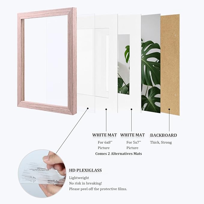 Egofine 9x12 Picture Frame Made of Solid Wood Covered by Plexiglass, Wood Frame for Pictures 5x7/6x8 with Mat or 9x12 without Mat, Tabletop and Wall Mounting Display, Peach Pink