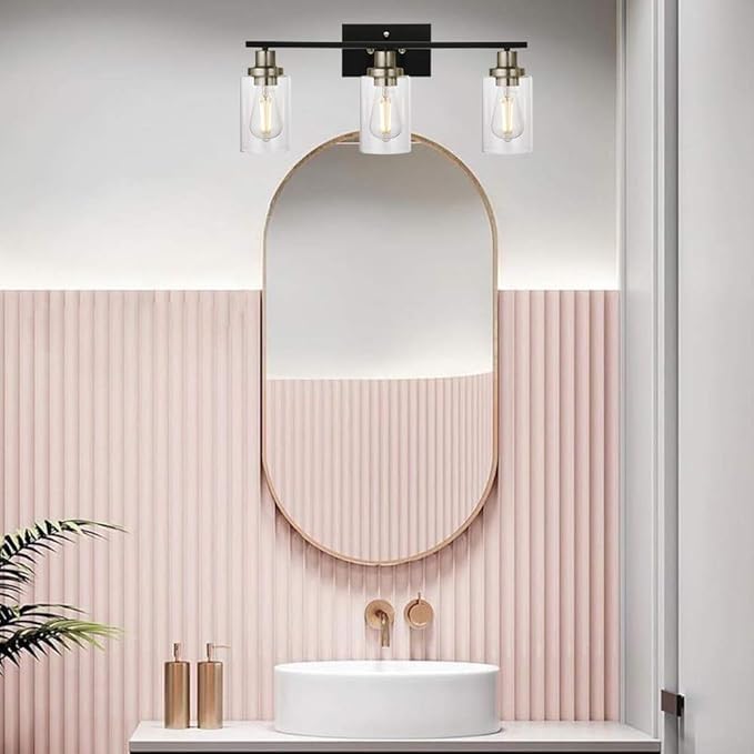 MELUCEE Modern Bathroom Lighting with Clear Glass Shade, 3-Light Black Vanity Light Wall Mount Lamp for Bedroom Vanity Table Bathroom Dressing Table, Brushed Nickel Socket (Patent No.: US D963914 S)