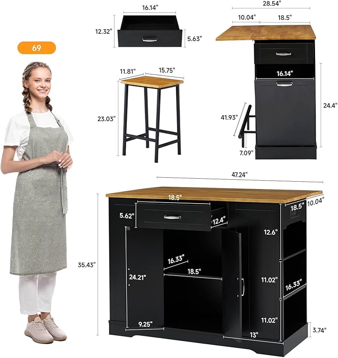 Stationary Kitchen Islands Include 2 Chairs, 47" Kitchen Island with Drop Leaf, Home Bar Table with Spice Rack & with Trash Cabinet, Island Table for Dining Room with Power Outlet, Black