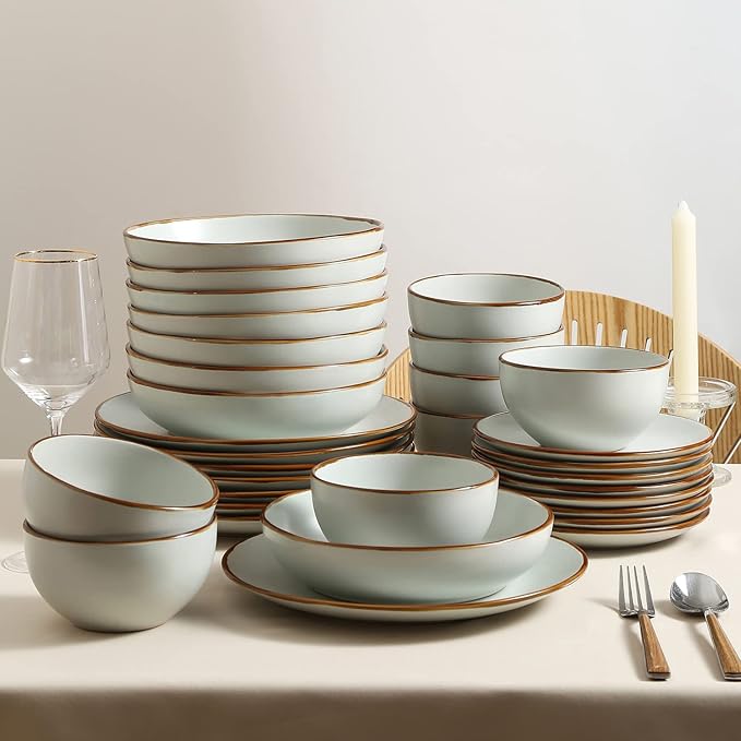 Stone Lain Brasa Modern Stoneware 32 Piece Dinnerware Sets, Plates and bowls Sets, Dish Set for 8, Light Green