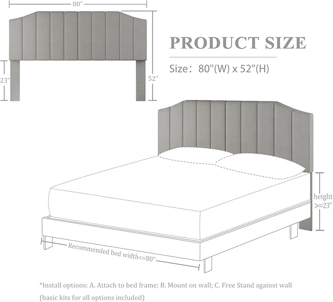 King Size Headboard Only, Velvet Upholstered Headboard King/California King Size Wall Mount and Bed Frame Mount, Featuring High-Density Sponge Padding Easy Assembly Comfort Style-Light Gray