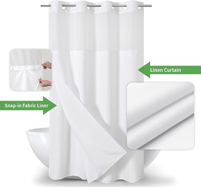 Stall No Hooks Needed White Shower Curtain with Snap-in Fabric Liner Set,Linen Textured Hotel Luxury Decor Farmhouse Shower Curtains for Bathroom,Waterproof & Washable,54Wx80H