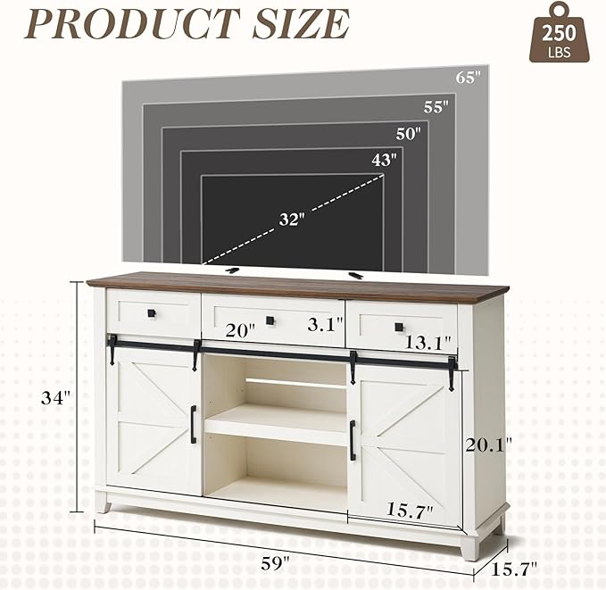 Farmhouse TV Stand with Sliding Barn Door & Drawer, 59" Rustic Entertainment Center for TVs up to 65", Buffet Storage Cabinet for Living Room, Dinning Room, White+Barnwood