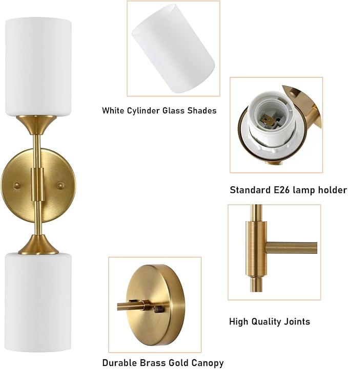 2-Lights Gold Wall Sconce with White Cylinder Glass Shades Modern Mid Century Bathroom Vanity Wall Light Fixtures Industrial Brushed Brass Wall Lamp for Bedroom Mirror Living Room Restaurant