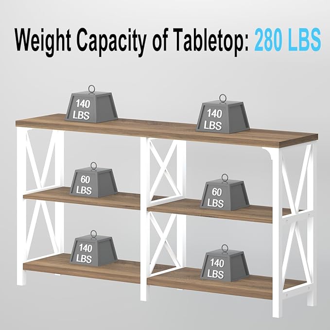 LVB Farmhouse Entryway Table, Industrial Wood Sofa Table with Storage Shelf, Modern Console Tables Behind Couch for Living Room, Wooden Hallway Foyer Table for Front Entry, White Rustic Oak, 55 Inch