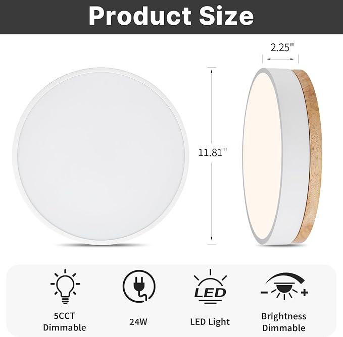 Led Flush Mount Ceiling Light: 11.8" Dimmable 5CCT Overhead Ceiling Lighting Fixture - Morden White Round Close to Ceil Lights - Flat Wood Minimalist Light Fixtures for Living Room Laundry Bedroom