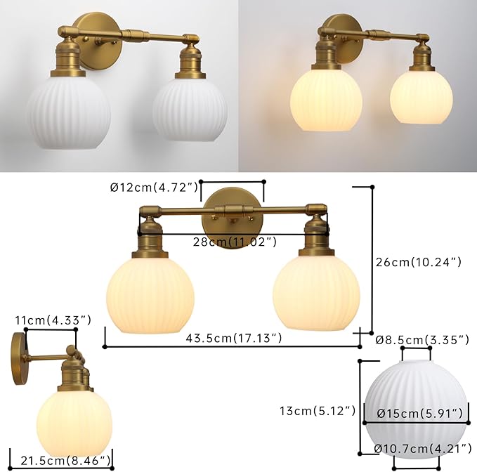 Vintage 2-Lights Wall Sconce with Milk White Glass Globe Shade, Hardwired Indoor Wall Light Fixture for Bathroom Vanity Living Room Bedroom