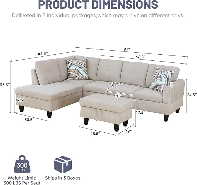 L-Shape 3-Piece Cloud Sofa, Couch for Living Room, Light-Grey Fluffy Fabric L-Shape with Reversible Chaise & Storage Ottoman, Ergonomic 110–115° Recline, Solid-Wood Frame