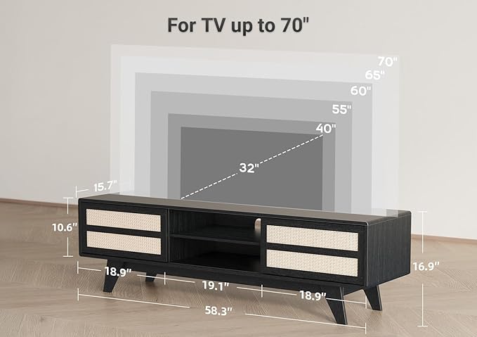 Claiks Boho TV Stand for 70 Inch TV, Modern TV Console with 2 Rattan Storage Cabinets & Adjustable Shelf, Woven TV Stand for Living Room, Black