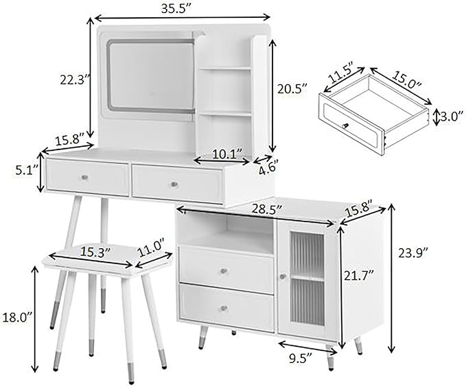 Modern Makeup Vanity Desk with Mirror and Lights,Retractable Dressing Table with Drawers and Cabinets,Makeup Table Set for Bedroom