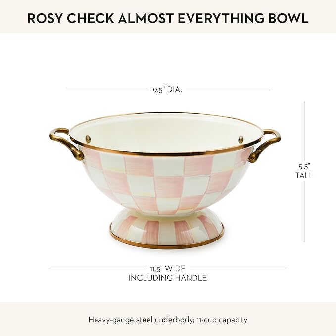 MACKENZIE-CHILDS Enamel Bowl, Serving Bowl for Entertaining, Almost Everything Bowl, Medium, Pink-and-White Rosy Check