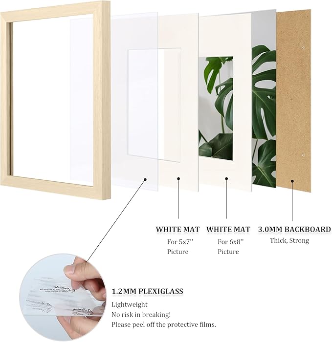 Egofine A4 Picture Frame Made of Solid Wood with Plexiglass, Display Pictures 4x6/6x8 with Mat or A4 Without Mat for Tabletop and Wall Mounting, Oak Wood