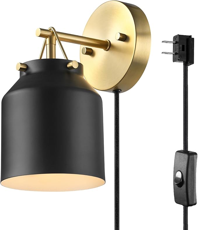 GLOBE Electric 65000102 1-Light Plug-in or Hardwire Wall Sconce, Matte Black, Matte Brass Accents, 6ft Black Braided Fabric Cord, in-Line Rocker Switch, Wall Lights for Living Room