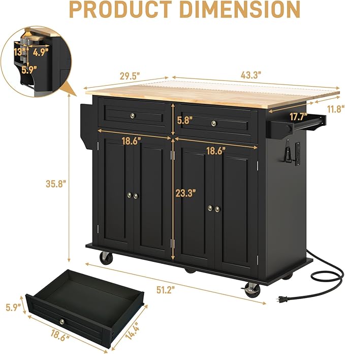 51.2" Movable Kitchen Island with Drop Leaf and Power Outlet, Rolling Island Cart w/Storage Cabinet, Island Table on Wheels for Kitchen w/2 Drawers, Spice Rack, Towel Bar, Garage Hook, Black