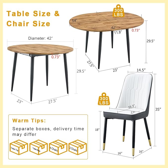 42"-54" Extendable Dining Table Set for 6, Oval Dining Table Set for 6, 0.73" Thick Wood Tabletop with Smooth Edge, Black Metal Leg with Non-Slip Footmat, 6 Soft PU Chairs, for Kitchen, Small Space