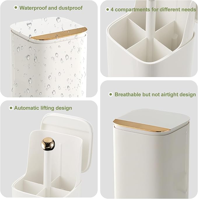 DASITON Makeup Brush Holder with Lid,4 Slots Makeup Brush Organizer,Automatic Lifting Makeup Cosmetics Organizer,for Vanity Decor,Bathroom Countertop,Dustproof Cosmetic Brushes Container(White)
