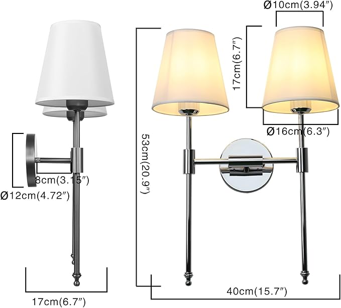 PERMO Classic Rustic Double Sconce 2 Lights Wall Sconce Lighting Fixture with Flared White Textile Lamp Shade (Chrome)