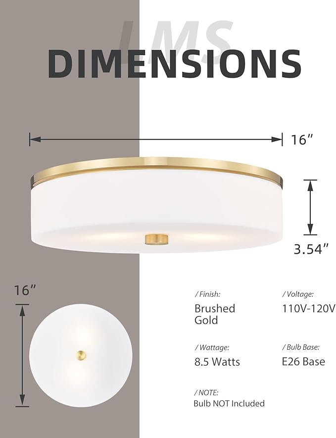 LMS Flush Mount Ceiling Light Fixture, Modern Brushed Gold Bathroom Ceiling Light with Drum Milky White Acrylic Shade, Kitchen, Living Room, LMS-192