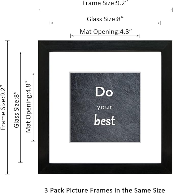 8x8 Picture Frame Set of 3 with Real Glass for Pictures 5x5 with Mat or 8x8 Without Mat, Wall Gallery or Tabletop display Photo Frames in Black
