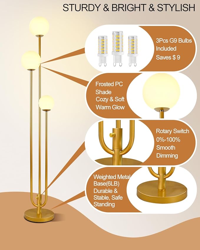 Lightdot 63IN Gold Floor Lamp Dimmable 3-Lights Globe LED Floor Lamps with 3000K Soft Warm White for Wedding/Party Candle Holder Style Tall Lamp for Living Room/Bedroom