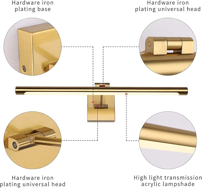 Joosenhouse LED Picture Light Fixtures Dimmable 24.4 Inches, Full Metal Artwork Display Lamp with Single Swing Arm, 14W (70W Eqv), Hardwired Connection, 3000K Warm White, Golden-Like Brass Finish