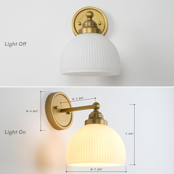 Vintage Wall Sconce 1-Light with White Striped Glass Globe Shade, Indoor Wall Mounted Lamp Fixture for Living Room Bedroom Kitchen Hallway