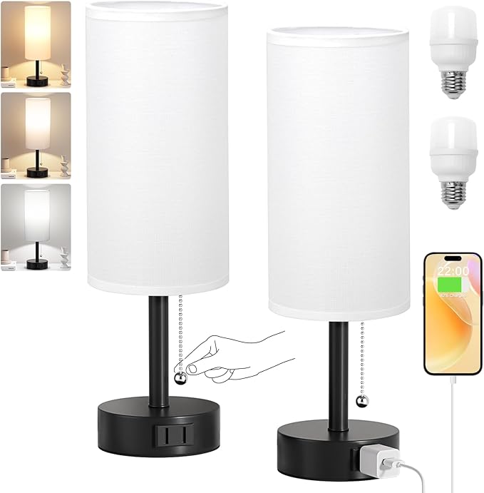 White Bedside Table Lamps Set of 2-3 Color Temperatures Pull Chain Lamp with AC Outlet Charging Port, Round Night Stand Lamps for Bedroom Office, Small Bed Side Light with E26 LED Bulbs