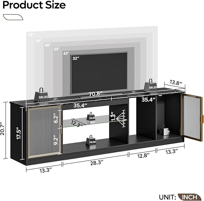 Bestier Gaming TV Stand for TVs up to 80 inch, 70 inch LED Entertainment Center with Adjustable Glass Shelf & Translucent Doors Storage Cabinet for PS5, Modern TV Console for Living Room, Black Marble