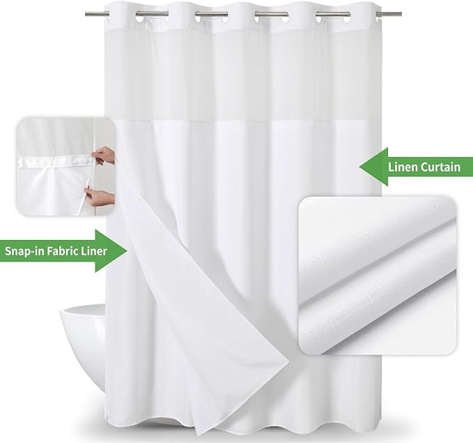 No Hooks Needed Linen Textured Shower Curtain with Snap-in Fabric Liner Set,White Hotel Luxury Decor Shower Curtains for Bathroom with Mesh Top Window,Waterproof & Washable,71Wx74H