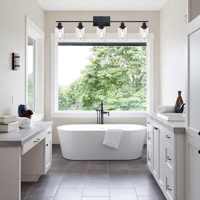 MELUCEE 40 Inches Length 5-Light Bathroom Vanity Light Fixtures Black Industrial Wall Sconce Lighting with Clear Glass Shade for Living Room Bedroom Hallway Kitchen (Patent No.: US D963914 S)