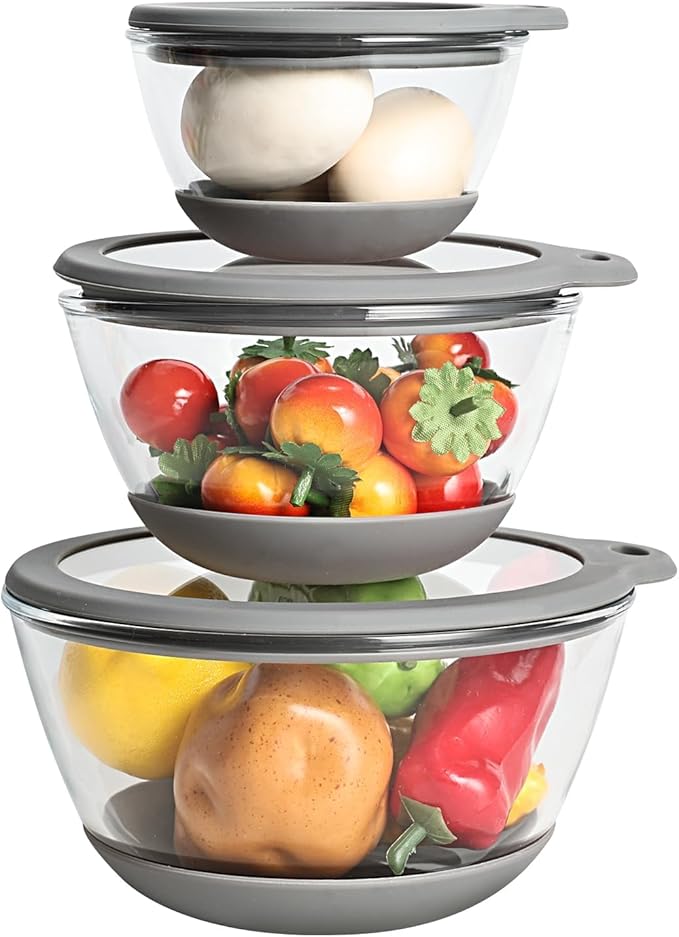 Glass Mixing Bowls HEAVY DUTY Top Choice for High-end Kitchens Extra-thick Glass Mixing Bowl Set of 3 with BPA-Free Airtight Lids Large Nesting Bowls with Non-Slip Silicone Base Well-made
