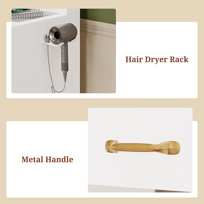 49.3“Large LED Mirror with Lights,Makeup Vanity Desk with 6 Drawers,Power Outlet,Glass Tabletop,Storage Shelf,Rolling Makeup Cart,Hairdryer Rack White