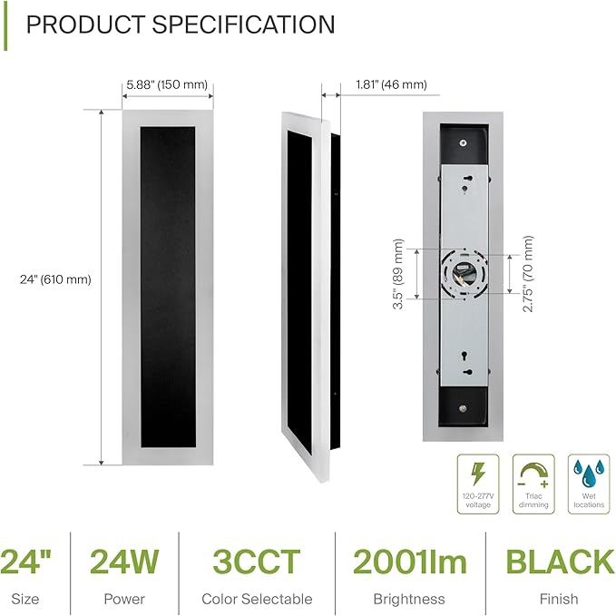 ASD LED 24" Long Wall Mount Light Fixture, Outdoor & Indoor Linear Sconce | 3CCT, Dimmable, Waterproof, Anti-Rust, ETL Listed | 24W 2000LM 3000-5000K 100-277V | Exterior Porch Lighting | Black, 2 Pack