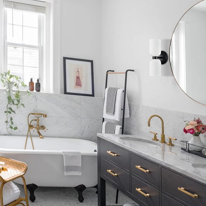CLAXY Bathroom Light Fixtures 2-Light Vanity Lights-Milky Glasss Shade Wall Sconces with Black Finish