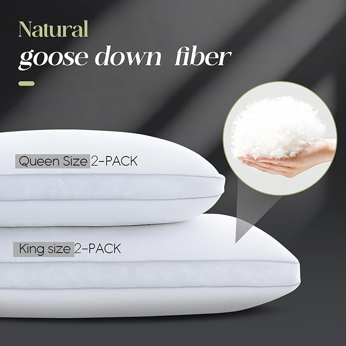Goose Down Bed Pillows King Size Set of 2 (White), Hotel Collection Pillows for Sleeping, Gusseted Pillow for Side, Back, or Stomach Sleepers, 20" x 36"