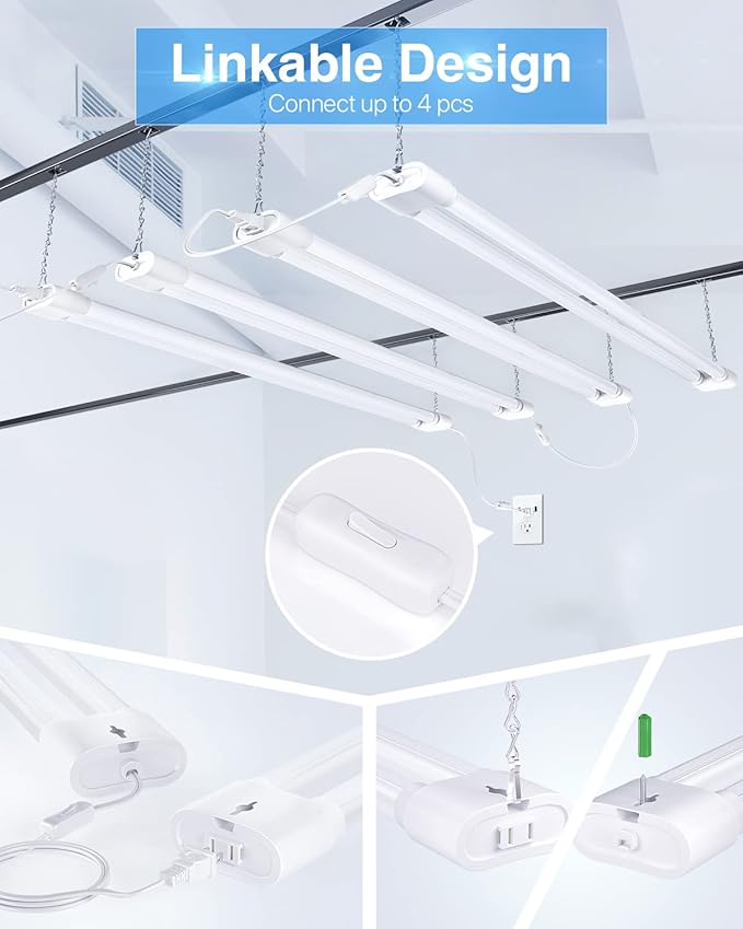 Ensenior 4 Pack Linkable Led Shop Light 4ft for Garage, 4400 High Lumens, 36W Equivalent 280W, 5000K Daylight, 48 Inch Utility Surface or Hanging Mount Fixtures, White, ETL Certified