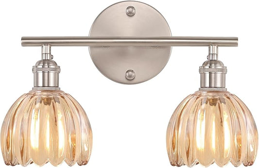 Bathroom Light Fixtures, 2-Light Vanity Wall Light Over Mirror with Amber Tulip Glass Shade for Bedroom Living Room, Satin Nickel