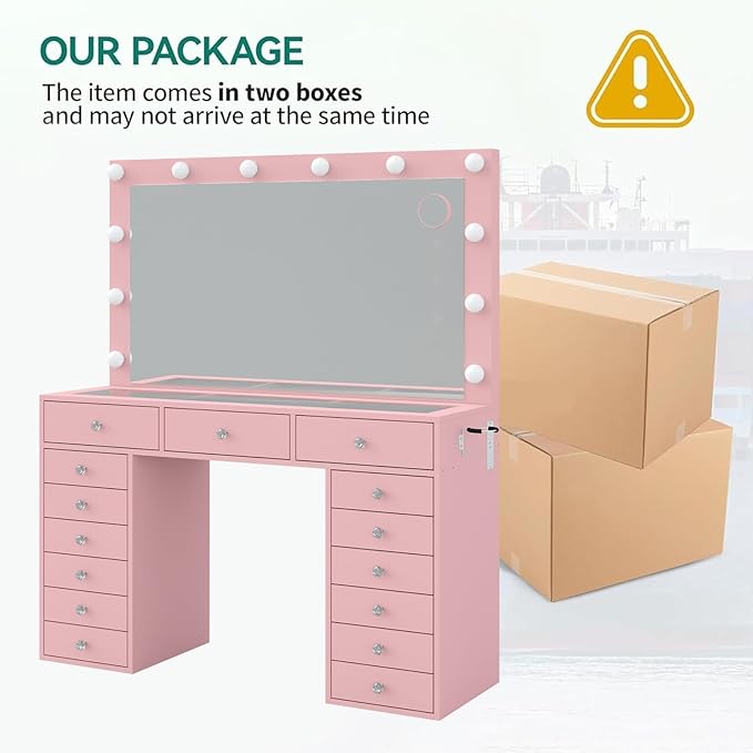 15 Drawers Makeup Vanity with Charging Station, Vanity Desk with 12 LED Bulbs and HD Mirror, 3 Color Brightness Adjustable, Vanity Set for Bedroom, Pink