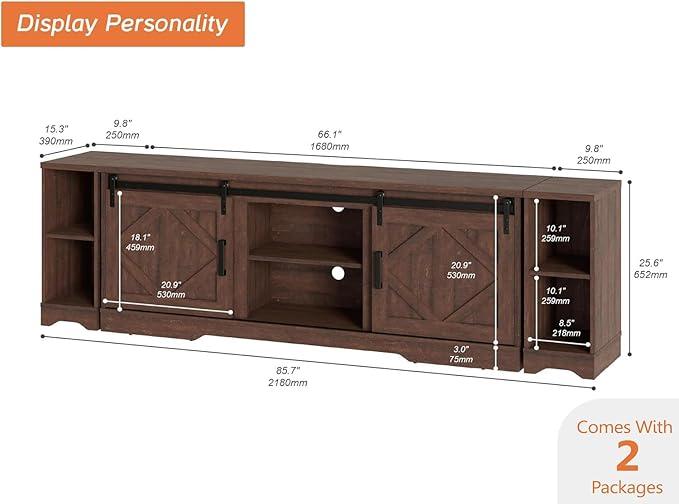 WAMPAT Modern Farmhouse TV Stand for up to 95" TVs,3-in-1 Wood Entertainment Center with Sliding Barn Door and Adjustable Media Storage Shelf for Living Room,Rustic Brown