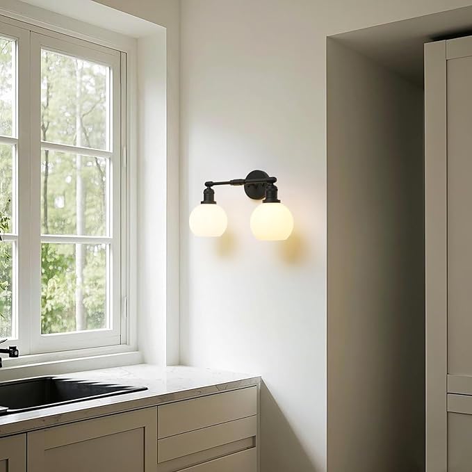 Vintage 2-Lights Wall Sconce with Milk White Glass Globe Shade, Hardwired Indoor Wall Light Fixture for Bathroom Vanity Living Room Bedroom