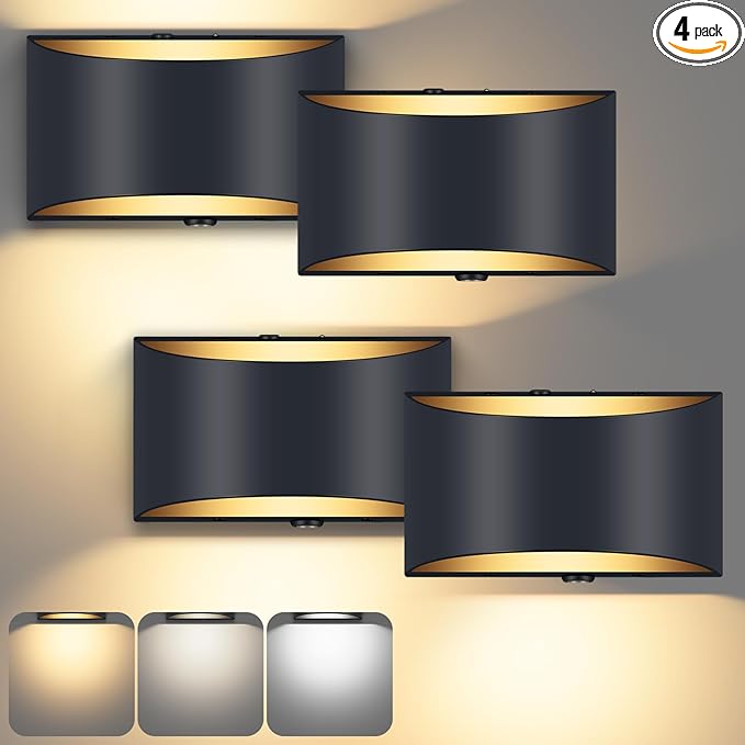4 Pack Battery Operated Wall Sconce with Remote Control,No Hardwired Black Aluminum Wall Sconces 3000K-6500K,50W Equivalent Battery Wall Light for for Bedroom, Living Room, Hallway