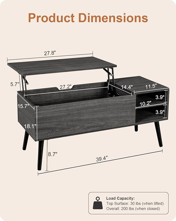 ALINE FURNITURE Gray Coffee Table Lift Top - Dark Grey Wood Coffee Table with Hidden Compartment Storage - 40" Rectangle Coffee Tables for Living Room