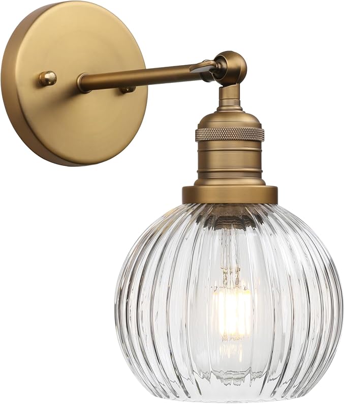 Vintage Wall Sconce 1-Light with Clear Striped Glass Globe Shade, Hardwired Modern Indoor Wall Vanity Light Fixture for Farmhouse Living Room Bedroom Bathroom