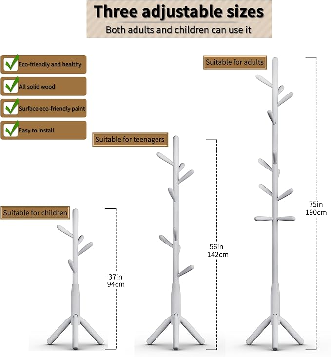 Solid Wood Coat Rack, Freestanding Tree-Shaped Coat Rack with 11 Hooks, Main Pole 1.6" dia for Clothes, Hat Stand Used in Bedroom/Office/Entryway (3-Leg Base, White)