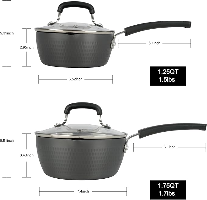 Nonstick Small Sauce Pan with Lid, 1.25 Quart and 2.4 Quart Sauce pan with Pour Spouts, Multipurpose Handy Little Saucepan with Stay Cool Handle, Small Pots for Cooking, Soups, Noodles, Milk