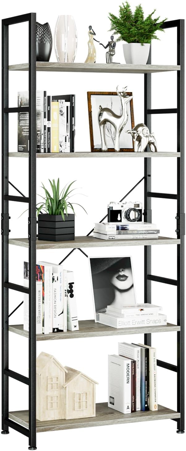 NUMENN 5 Tier Bookshelf, Tall Bookcase Shelf Storage Organizer, Modern Book Shelf for Bedroom, Living Room and Home Office, Grey