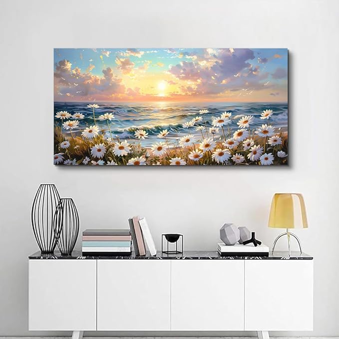 PHAOHUAXM Large Wall Decor Canvas Wall Art For Bedroom Living Room Decor A Landscape Painting Of A Sea Of White Flowers Painting Art Print Picture Artwork For office Bathroom Home Decor 30x60 In